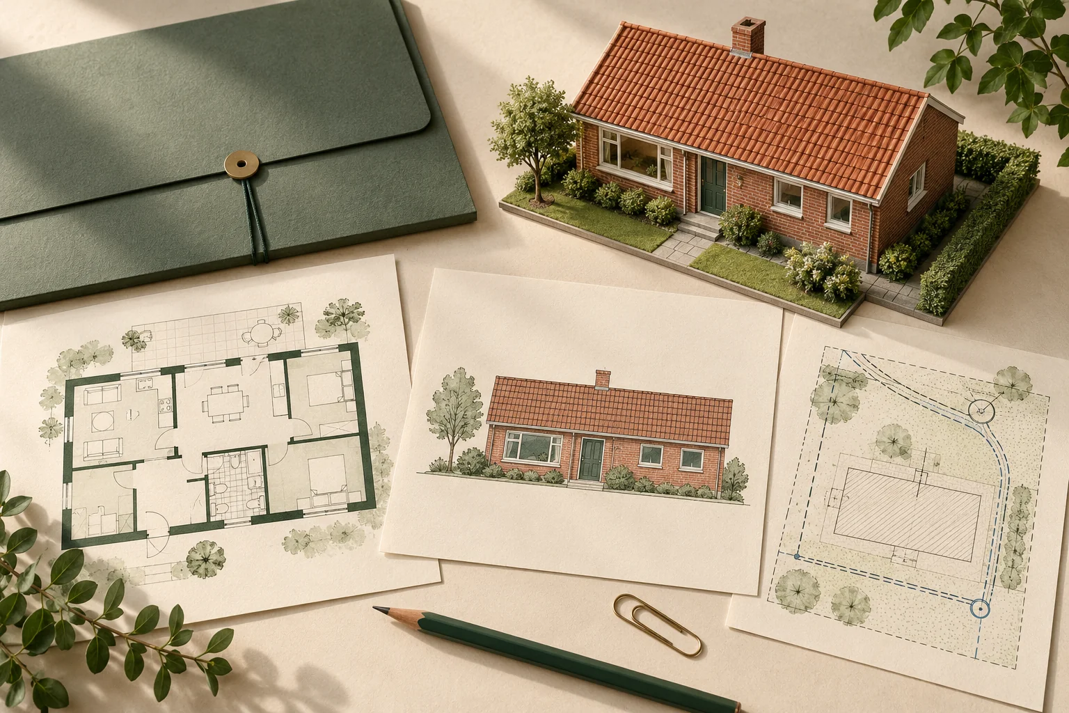 Egen illustration af et dansk hus omgivet af en dokumentmappe, plantegning, facade og principskitse af afløb
