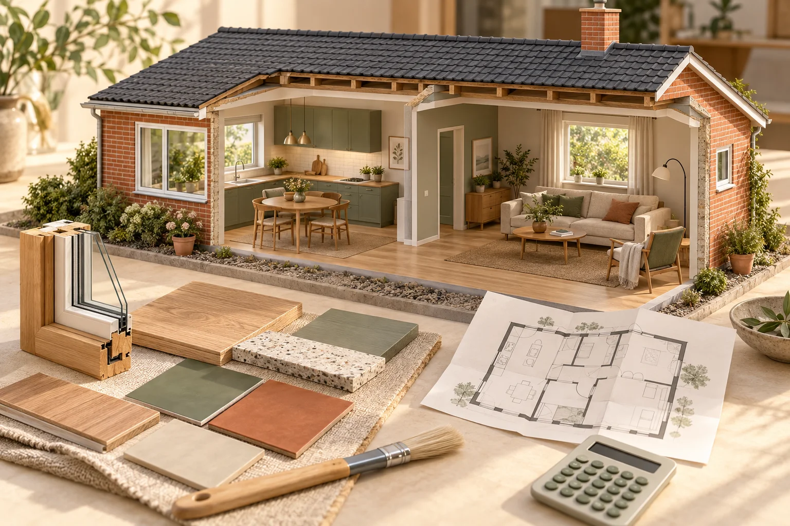 Arkitektonisk model af et hus med køkken, vinduesprøve og materialer til mindre forbedringer